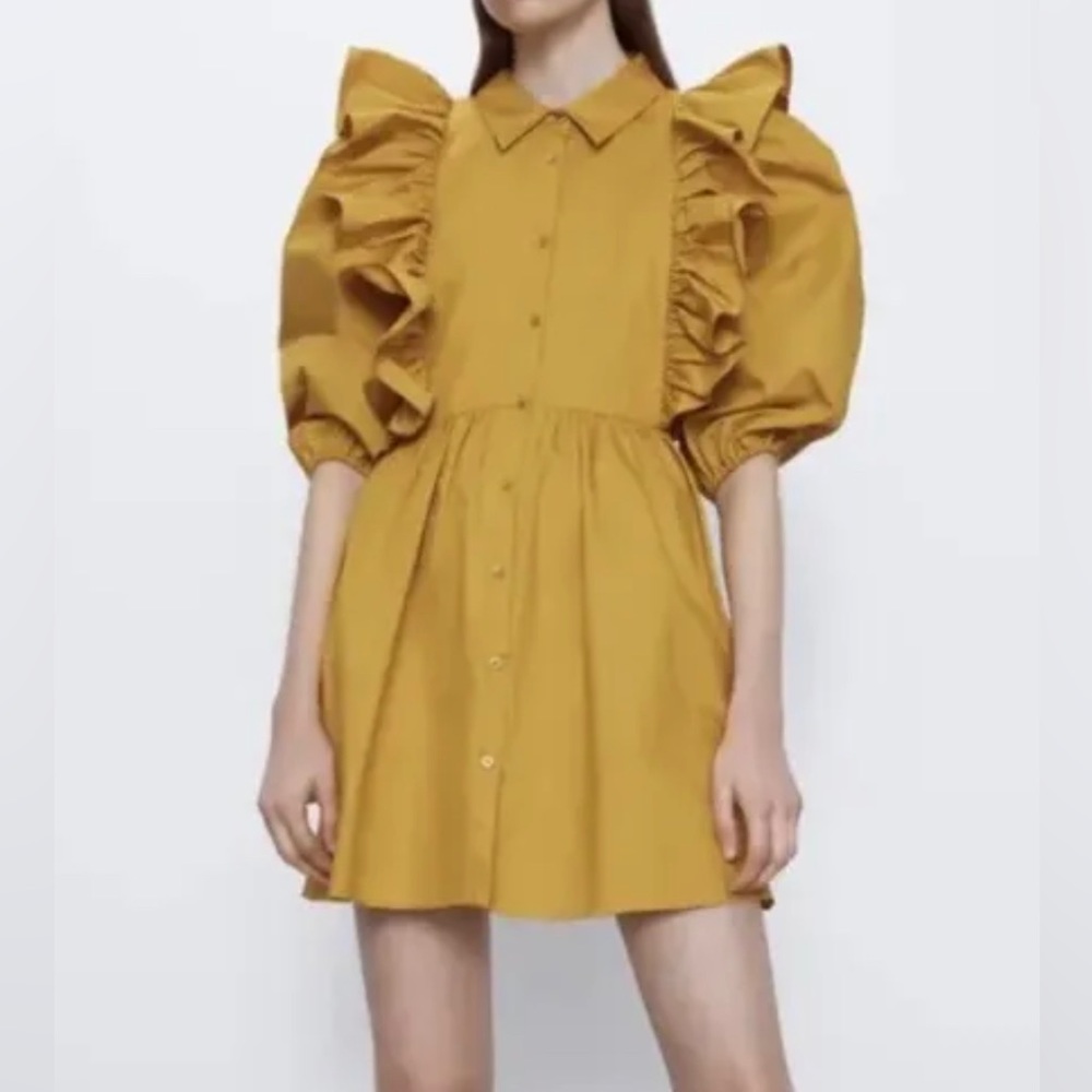 NWT ZARA COTTON RUFFLED VOLUMINOUS DRESS MUSTARD Sz S